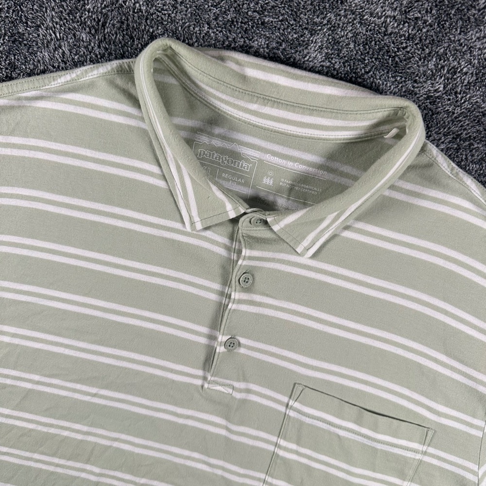 Patagonia Polo Shirt Men XL Regular Green White Striped Cotton Conversion Pocket